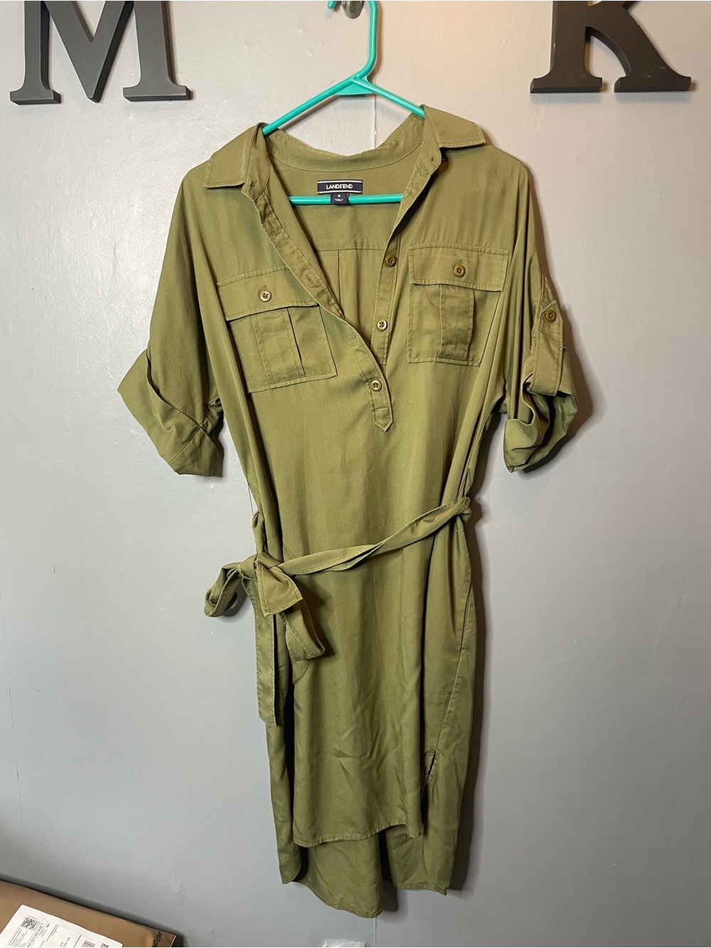 Lands' End Collared Button up Shirtdress‎ Midi Belted Waist Olive Green size 6
